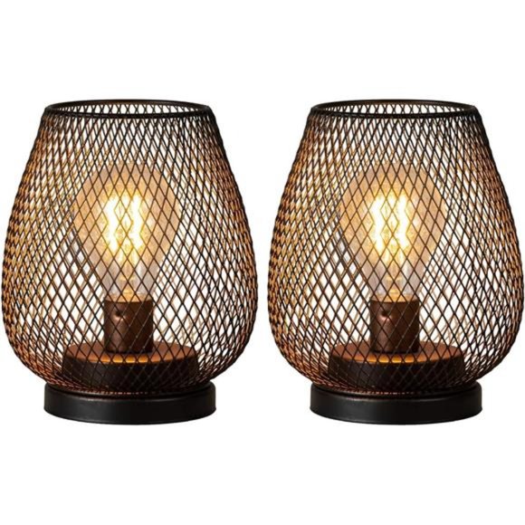 Set of 2 Battery Operated Lamp LED Table Lantern, Metal Cage Cordless Lamp - Picture 1 of 7